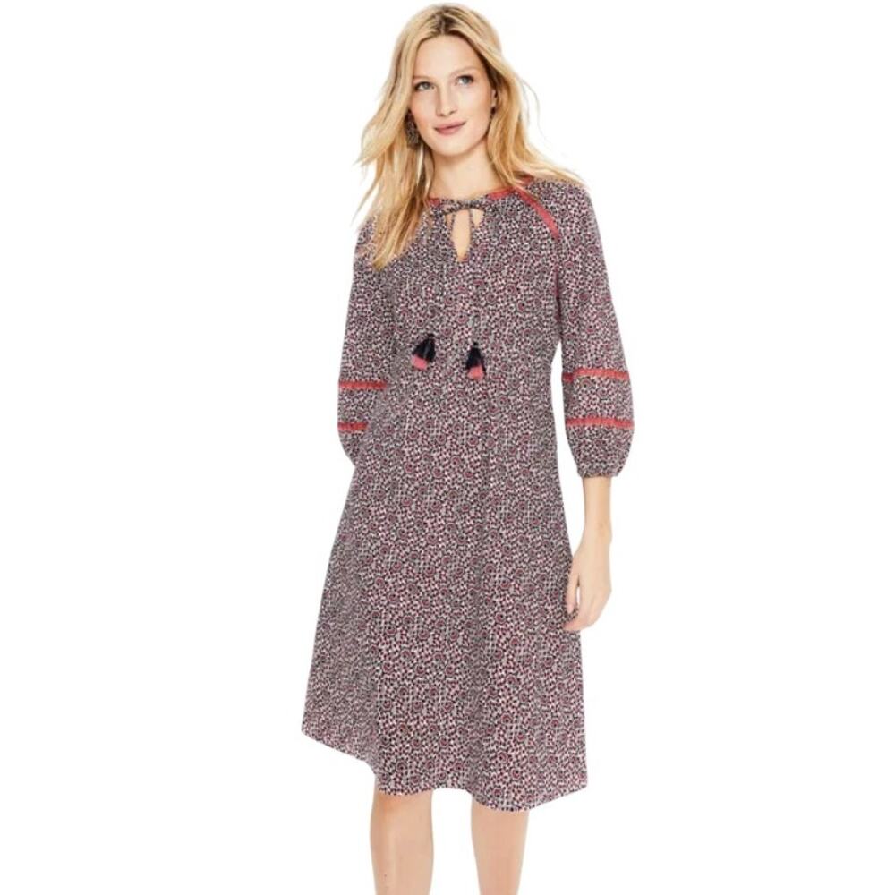 Boden White Floral Heidi Tassel Tie Cotton Jersey 3/4 Sleeve Dress